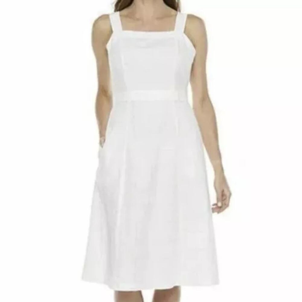Liz Claiborne Linen Midi Dress White Gold Grid Square Neck Pockets Size 4 Y2K